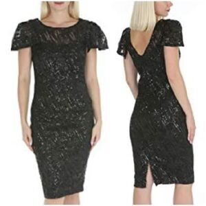 Marina Women’s Flare Sleeve Crew Neck Embroidered Sheath Sequin black dr…